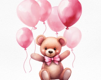 Osito de peluche con globos rosas - Clipart de baby shower PNG - Clipart para invitación - Gráfico de osito de peluche en acuarela - Ilustración de osito de peluche para guardería