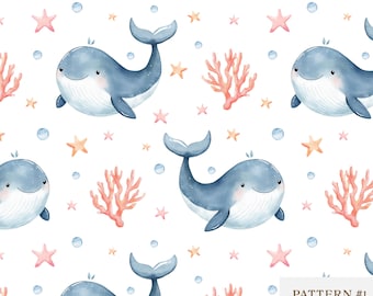 Watercolor Whale Seamless Pattern, Baby Ocean Animal Digital Paper, Cute Nautical Nursery Background, Sublimation/Scrapbooking/Fabric Design