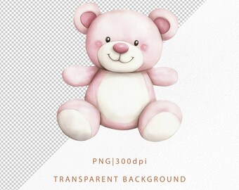 水彩ピンクのテディベアのクリップアート、かわいい赤ちゃんクマのPNG