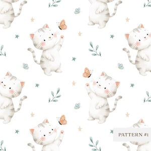 May include: A repeating pattern featuring white kittens with gray stripes, reaching for orange butterflies. The design includes light blue butterflies, green sprigs, and tan stars on a white background. The text "PATTERN #1" is in a white rectangle.