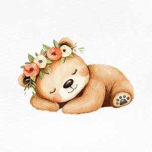 Aquarel slapende beer clipart, bloemen baby dieren illustratie, schattige kinderkamer kunst aan de muur print, babyshower png sublimatie ontwerp png