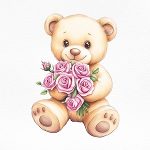 Watercolor Adorable Teddy Bear with Pink Roses Bouquet Clipart, Valentine&#39;s Day Digital Illustration, Nursery Wall Art, Sublimation PNG File