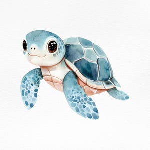 Joli bébé bleu aquarelle tortue de mer Clipart, PNG animal océan, art numérique de la vie marine, sublimation de chambre de bébé côtière, impression de vie marine