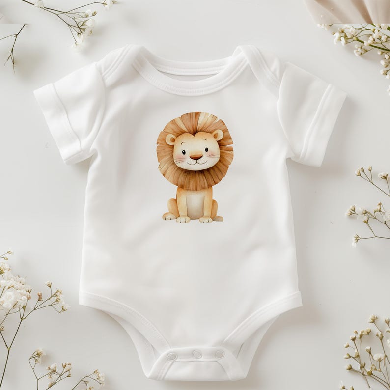 May include: White baby onesie with a cartoon lion illustration. The lion is brown with a light brown mane and is sitting down.