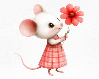 Cute Mouse with Flower Clipart PNG 300 dpi, whimsical floral mouse graphic for invitations, nursery art, craft, Sublimation File, Woodland