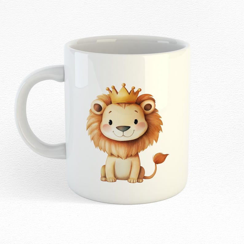 May include: White ceramic mug featuring a cartoon lion wearing a gold crown. The lion has a tan face, a brown mane, and a small, curved tail. The mug has a curved handle and a smooth, glossy finish.