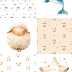May include: A digital collage of watercolour illustrations featuring a blue dolphin, a white sheep, a brown star with a smiling face, and three different patterns: a blue dolphin and coral reef pattern, a white sheep and star pattern, and a white star pattern.