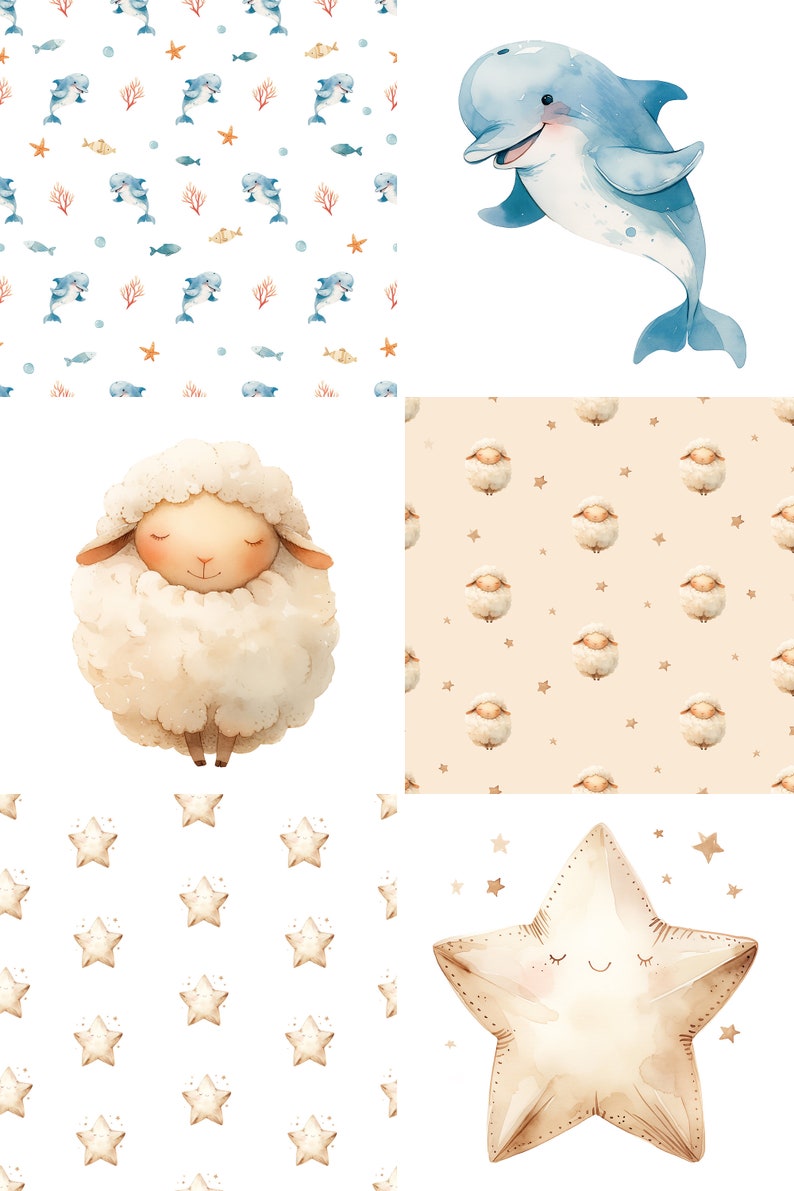 May include: A digital collage of watercolour illustrations featuring a blue dolphin, a white sheep, a brown star with a smiling face, and three different patterns: a blue dolphin and coral reef pattern, a white sheep and star pattern, and a white star pattern.
