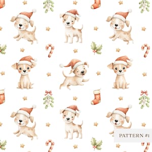 Weihnachten Hunde Muster | Süßer Weihnachtsmann Welpe Digitales Papier | Festliches Hundemuster für Stoff, Geschenkpapier, Scrapbooking