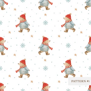 Puede incluir: Un patrón sin costuras que presenta un lindo oso de dibujos animados con un gorro rojo y un abrigo azul, caminando sobre un fondo blanco con copos de nieve y estrellas. El patrón está etiquetado como "PATTERN #1".