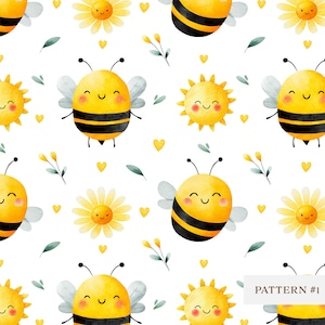 Può includere: Un motivo ripetuto con api gialle sorridenti con strisce nere, margherite e soli su sfondo bianco. Piccoli cuori gialli e ramoscelli di verde sono sparsi nel design. Il testo "PATTERN #1" si trova nell'angolo in basso a destra.