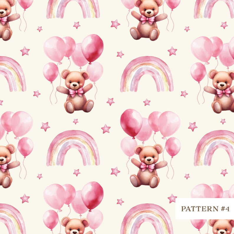 Pink Teddy Bear Rainbow Digital Seamless Pattern | Baby Shower Clipart ...