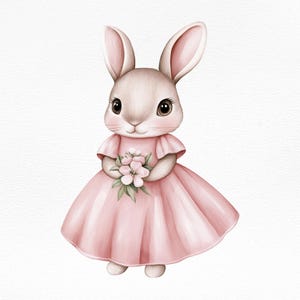 Watercolor Bunny Clipart Flower Dress-Easter Bunny-Nursery Decor-Spring Floral Bouquet-Cute Baby Animals- Transparent PNG-Baby Girl Rabbit