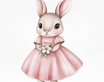 Conejito de acuarela Clipart Vestido de flores-Conejito de Pascua-Decoración de guardería-Ramo floral de primavera-Lindos animales bebés- PNG transparente-Conejita bebé
