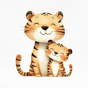 Aquarelle tigre et son lionceau Illustration PNG, clipart animaux de la jungle mignon, téléchargement numérique pour décoration de chambre d'enfant, artisanat de shower de bébé/sublimation