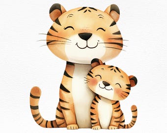 Ilustración PNG de tigre y cachorro en acuarela, lindo animal de la jungla, descarga digital para decoración de habitaciones infantiles, manualidades para baby shower/sublimación