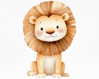 Bonita ilustración de león en acuarela para decoración de habitación infantil, arte infantil de safari PNG, descarga digital, arte mural de habitación de bebé con temática de jungla, sublimación
