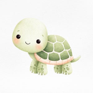 Puede incluir: Ilustración en acuarela de una tortuga sonriente. La tortuga tiene cabeza y patas verde claro, caparazón verde con patrón blanco y vientre rosa. Fondo blanco.