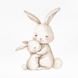 Aquarell Hase Clipart, Süße Hase Mutter mit Baby, Wald Tiere Kunst, Kinderzimmer Wand Druck, Osterhase Illustration, PNG Download
