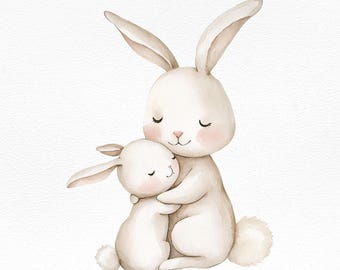 Watercolor Bunny Clipart, Cute Rabbit Mother and Baby, Woodland Animal Art, Nursery Wall Print, Easter Bunny Illustration, PNG Download