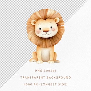 May include: A watercolor illustration of a cartoon lion with a brown mane sitting on a white background. The lion has a friendly expression and is looking directly at the viewer.