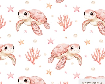 Seamless Sea Turtle Pattern, Cute Ocean Baby Animals, Watercolor Marine Life, Digital Fabric Print, Nursery Sublimation Design|Digital paper