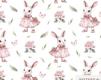 Cute Bunny Girl seamless pattern-Watercolor Rabbit Pattern-Digital Paper-Baby repeating pattern-Nursery fabric design-Kids Wallpaper-Animal