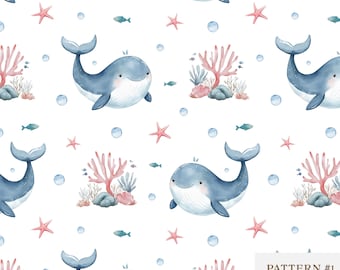 Watercolor Whale Seamless Pattern, Baby Ocean Animal Digital Paper, Cute Nautical Nursery Background, Sublimation/Scrapbooking/Fabric Design