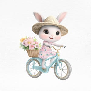 Clipart di coniglietto primaverile, simpatico coniglio in bicicletta con fiori, coniglietto pasquale pastello in formato PNG, illustrazione di animali per baby shower, sublimazione