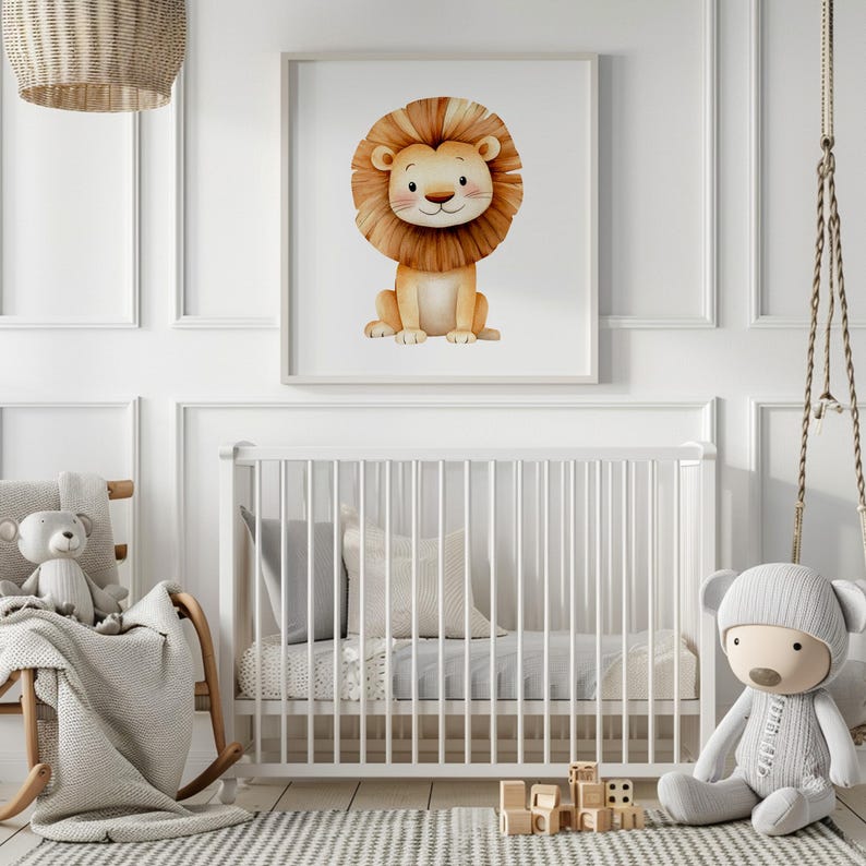 May include: A watercolor illustration of a cute lion with a brown mane sitting on a white background. The illustration is framed and hanging on a white wall in a nursery.