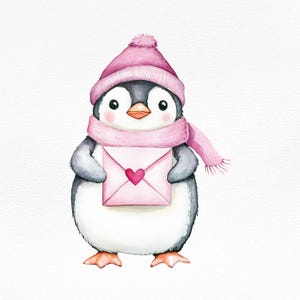 Lindo pingüino clipart con sobre en forma de corazón PNG, ilustración digital de San Valentín para sublimación, arte de pared para guardería, decoración imprimible para niños