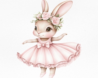 Può includere: Un'illustrazione ad acquerello di un coniglio carino che indossa un vestito rosa e una corona di fiori. Il coniglio sta ballando con le braccia distese e ha un'espressione dolce sul viso.
