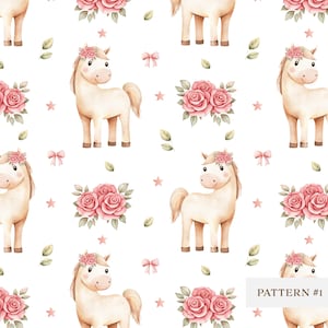 Floral Horse Seamless Pattern, Watercolor Pony & Roses Digital Paper, Baby Girl Nursery, Scrapbooking, Fabric Design, Kids Background PNG