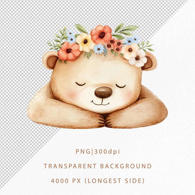 Watercolor Sleeping Bear Clipart, Floral Baby Animal Illustration, Cute ...
