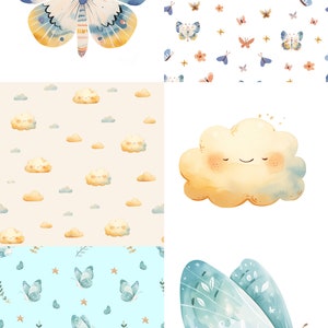 May include: A set of four digital paper patterns featuring watercolour illustrations of butterflies, clouds, and stars. The patterns are in shades of blue, yellow, and pink.