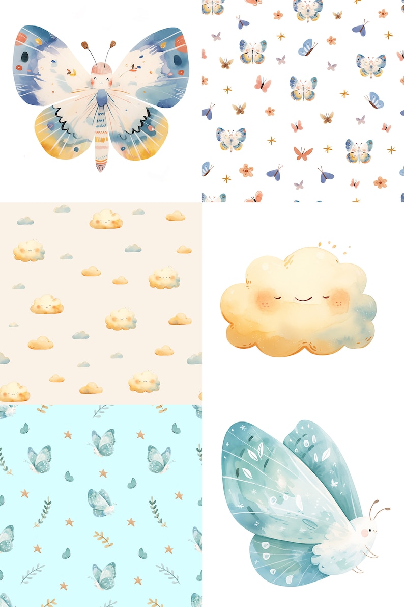 May include: A set of four digital paper patterns featuring watercolour illustrations of butterflies, clouds, and stars. The patterns are in shades of blue, yellow, and pink.