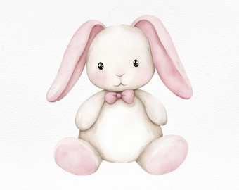 Watercolor Pink Bunny Clipart - Cute Baby Rabbit Illustration, Nursery Animal Art, Sublimation PNG for Baby Shower and Kids Decor