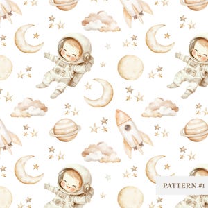 Ruimte digitaal papier, naadloos patroon astronauten, raketten, sterren, maanpatroon, kinderkamerkunst aan de muur, decor schattige kinderkamer, naadloos ruimteontwerp