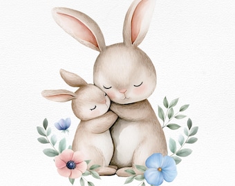 Mama Bunny Clipart, Watercolor Rabbit Clipart, Cute Baby Bunny Clip art, Bunny Illustration, Baby Rabbit PNG, Transparent PNG,Commercial use