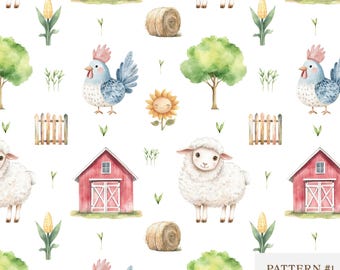 Watercolor Farm Animal Seamless Pattern, Sheep, Hen, Chicken Digital Paper, Barnyard Kids Nursery Design, Baby Shower Scrapbook Background