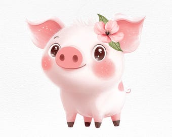 Cute Floral Piglet Clipart PNG — Adorable Baby Pig with Flower, Nursery Farm Animal Illustration for Scrapbooking, Sublimation & Crafts