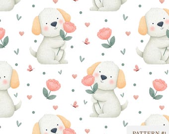 Puppy Floral Seamless Pattern, Dog & Flower Digital paper, Kids Fabric Design, Baby shower, Animal, Wrapping, Scrapbooks PNG, Crafts JPEG