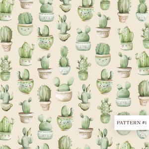 Patrón sin costuras de cactus en maceta - Patrón de cactus en acuarela - Papel digital - Guardería - Diseño de tela de cactus del desierto - Álbum de recortes - Papel tapiz infantil - Kawaii