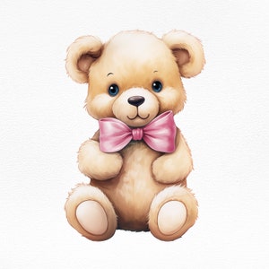 Clipart con fiocco rosa dell'orsacchiotto di peluche-Clipart per baby shower PNG-Clipart per invito-Grafica dell'orsacchiotto di peluche ad acquerello-Illustrazione dell'orsacchiotto di peluche per la cameretta dei bambini