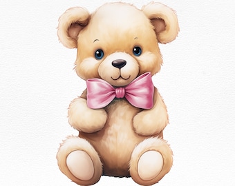 Teddy Bear Pink Bow Clipart-Baby Shower Clipart PNG-Clipart For Invitation-Watercolor Teddy Bear Graphic-Teddy Bear Illustration For Nursery