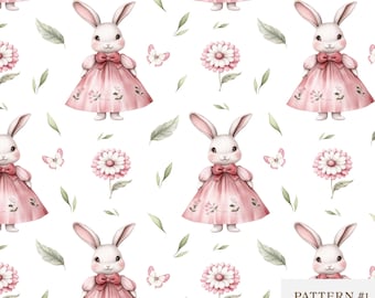 Cute Bunny Girl seamless pattern-Watercolor Rabbit Pattern-Digital Paper-Baby repeating pattern-Nursery fabric design-Kids Wallpaper-Animal
