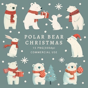 Natale orso polare e coniglietto clipart-animali artici set-inverno illustrazione PNG-orso polare immagini-orso bianco-coniglio bianco-albero di Natale