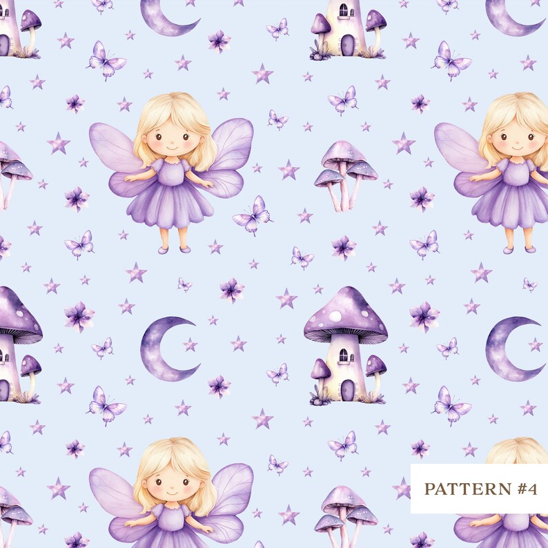 Purple Fairy Seamless Pattern, Cute Fairy Digital Paper, Watercolor ...