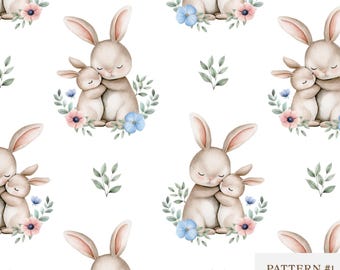 Cute Watercolor Sleeping Mama  Baby Bunny seamless pattern, Sleepy Rabbits Pattern, Digital Paper, repeating pattern, Nursery fabric design