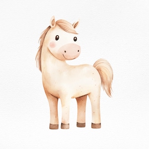 Schattig aquarel paard clipart, baby dier digitale afbeelding, boerderij dieren afdrukbare kunst, decor kinderkamer, kinderkamer kunst aan de muur, pony png